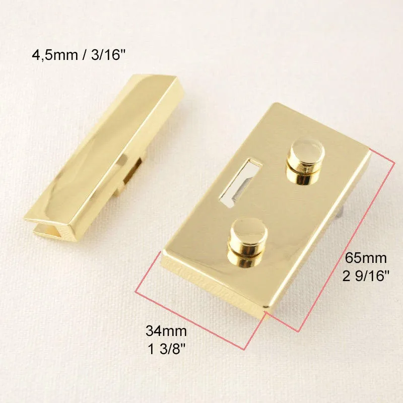 Metal Rectangular Press Squeeze Purse Lock Flip Double Knob 65*34mm Gold Tone Clutch Wallet Handbag Leathercraft Hardware Supply Repair