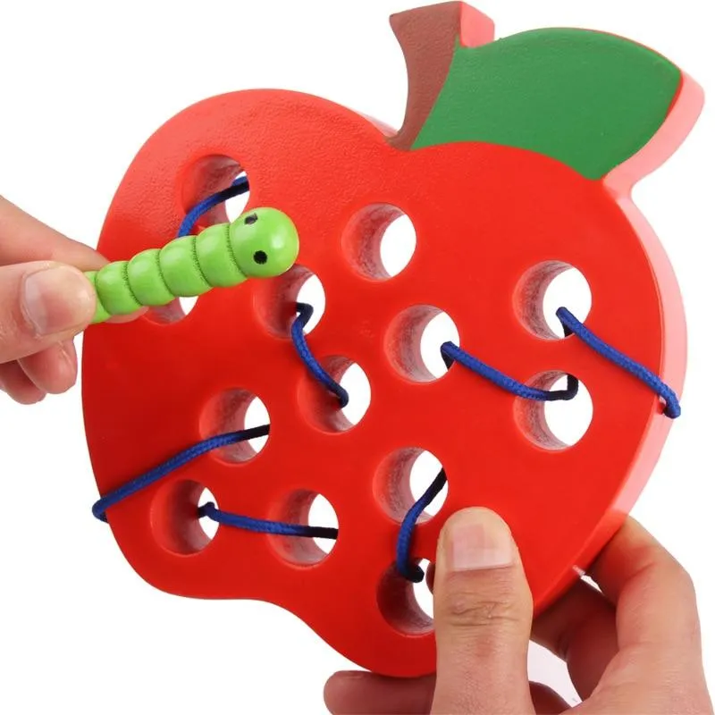 Montessori Educational Wooden Puzzles Fun ToyS Insect Eat Fruit Threading Game Early Learning Teaching Aid Baby Children Gift