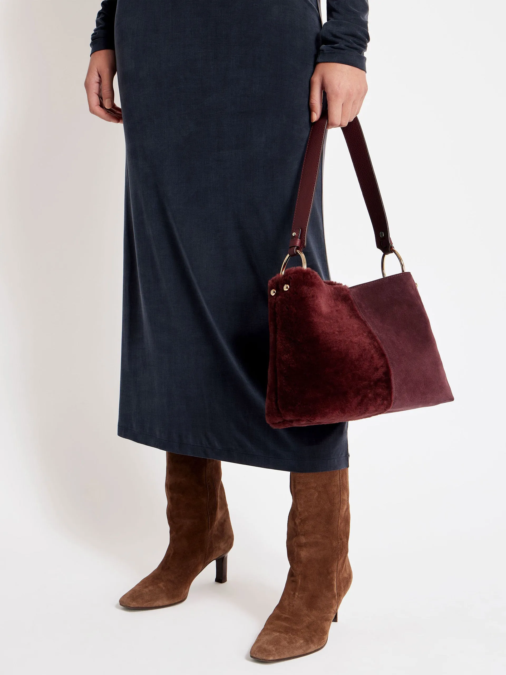 Oxblood shearling Lana hobo bucket bag