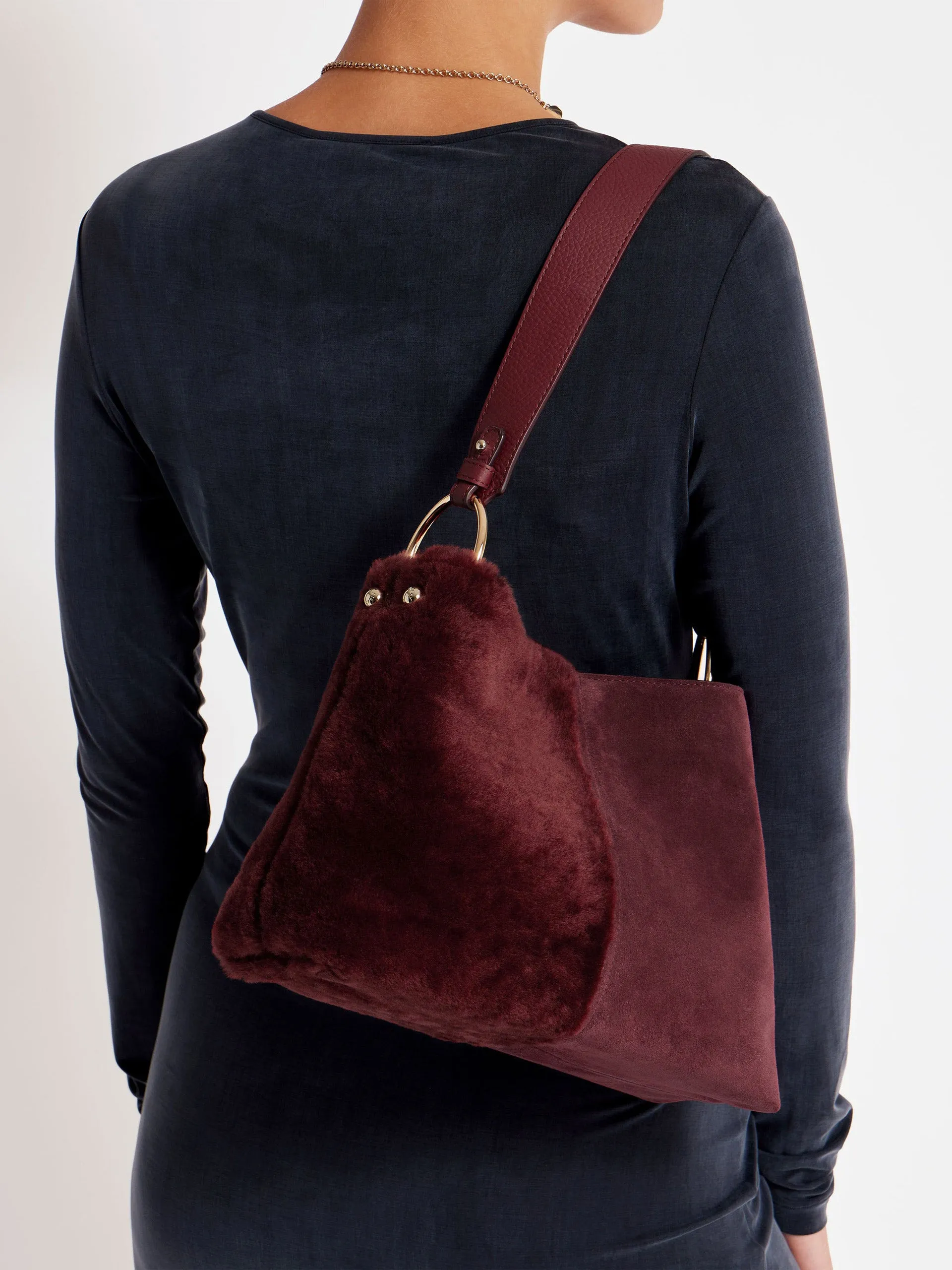 Oxblood shearling Lana hobo bucket bag