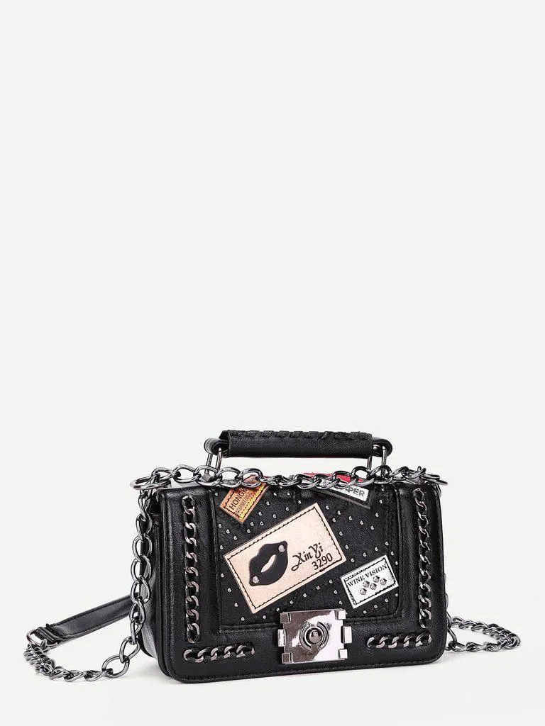 Patch Decorated Chain Crossbody Bag