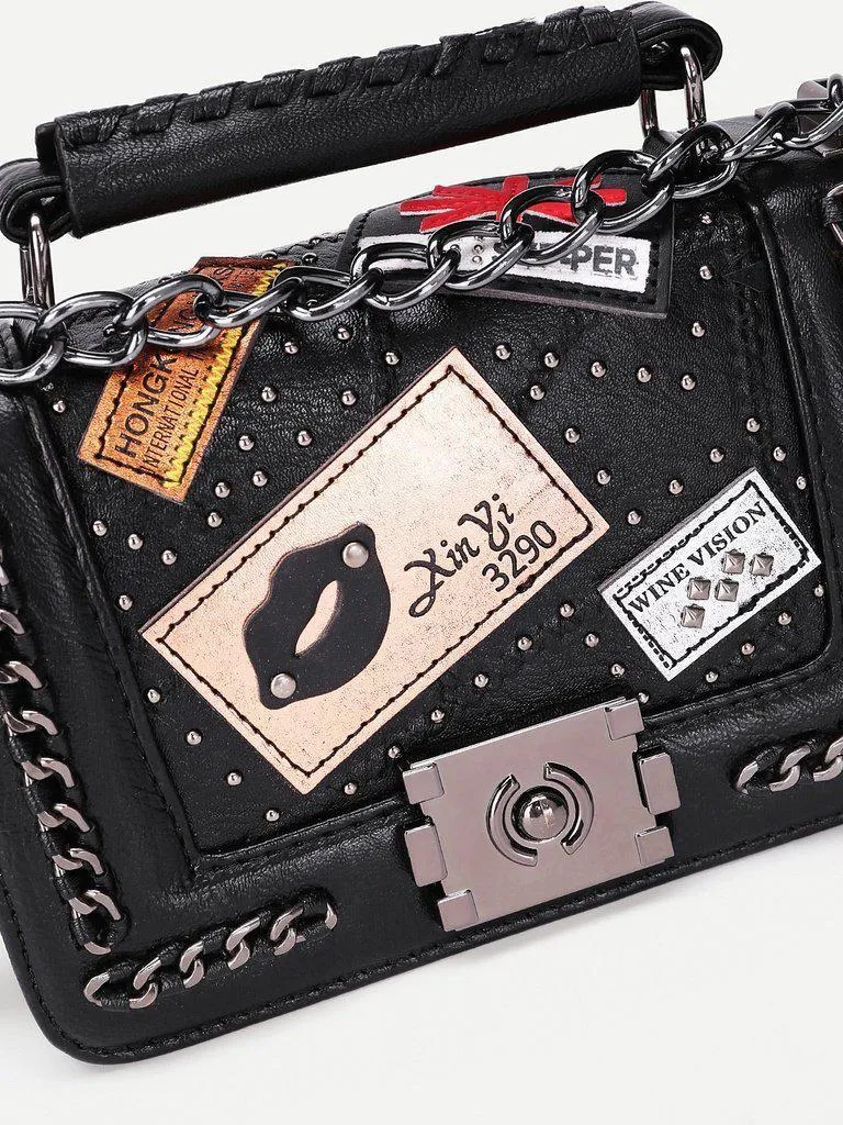 Patch Decorated Chain Crossbody Bag