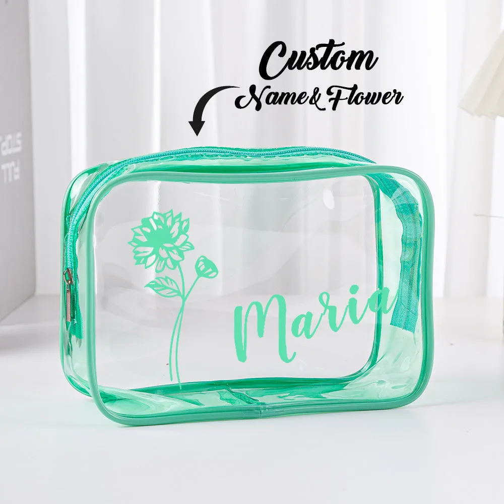 Personalized Birth Flower Name Clear Makeup Bag Birthday Wedding Travel Gift for Her