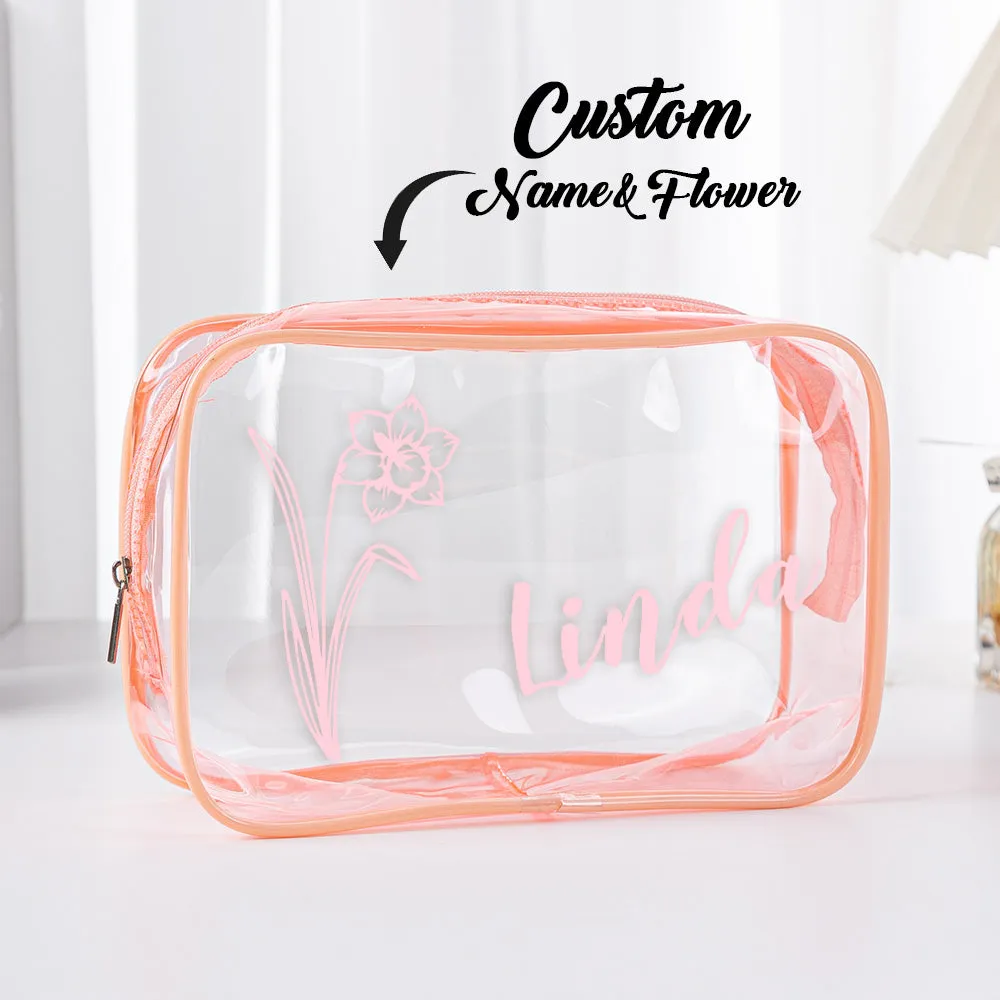 Personalized Birth Flower Name Clear Makeup Bag Birthday Wedding Travel Gift for Her