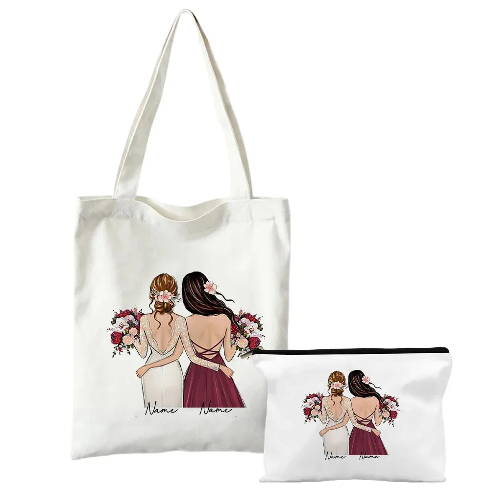 Personalized Shoulder Bag & Makeup Bag Set 2 Pcs Custom Name Bridesmaid Bags Bachelorette Party Bag Bridal Shower Gifts for Her