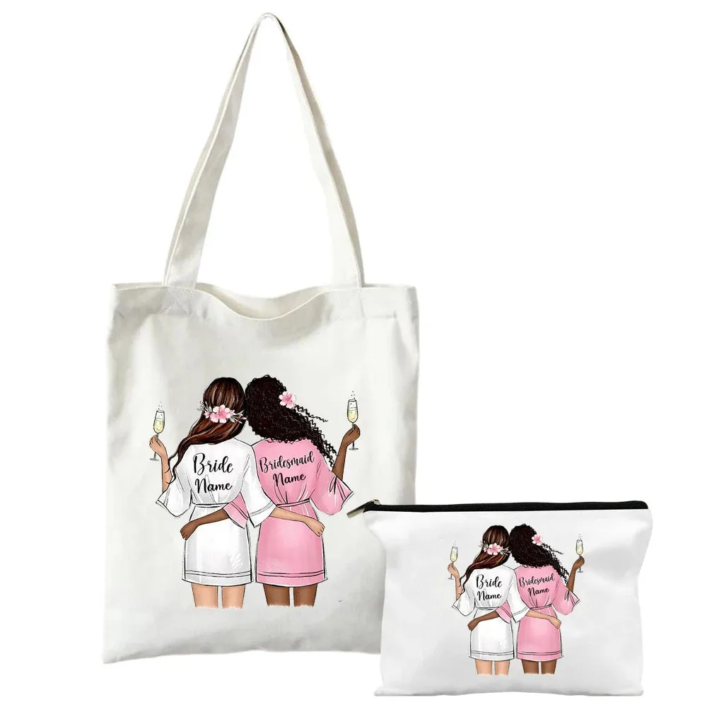 Personalized Shoulder Bag & Makeup Bag Set 2 Pcs Custom Name Bridesmaid Bags Bachelorette Party Bag Bridal Shower Gifts for Her