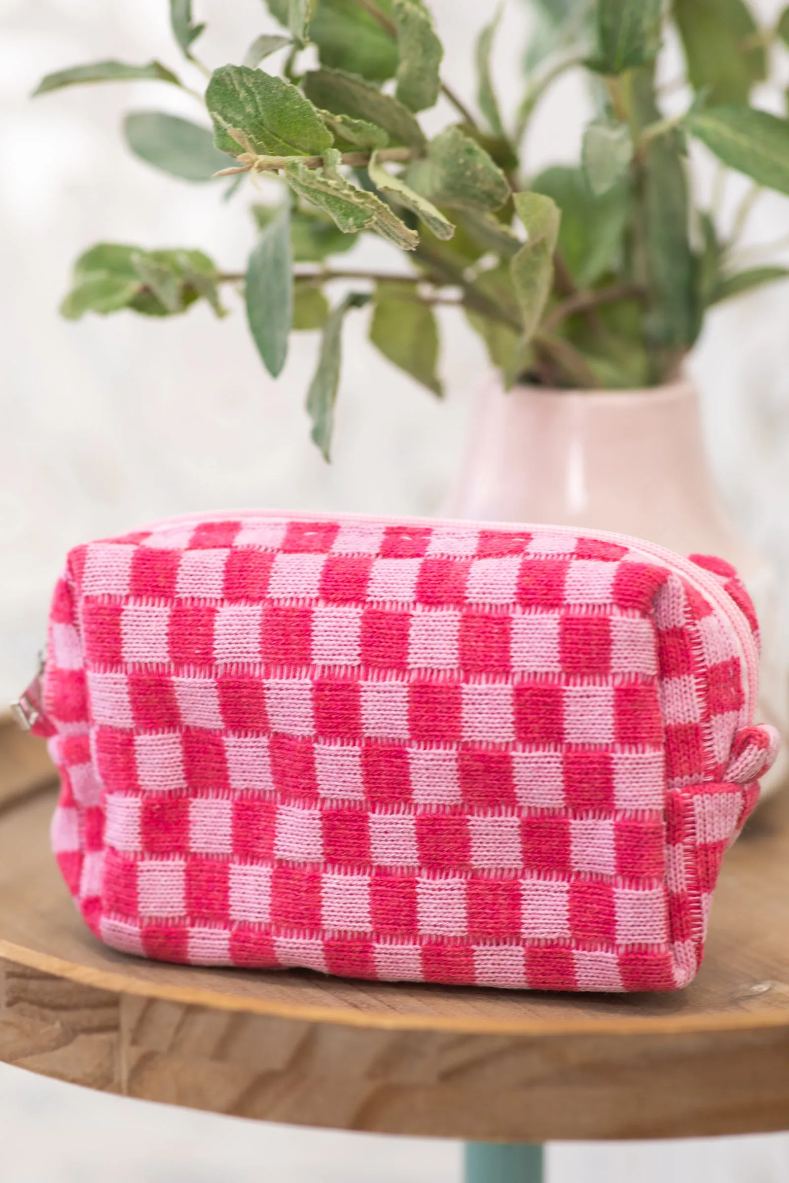 Pink Checkerboard Makeup Pouch Bag