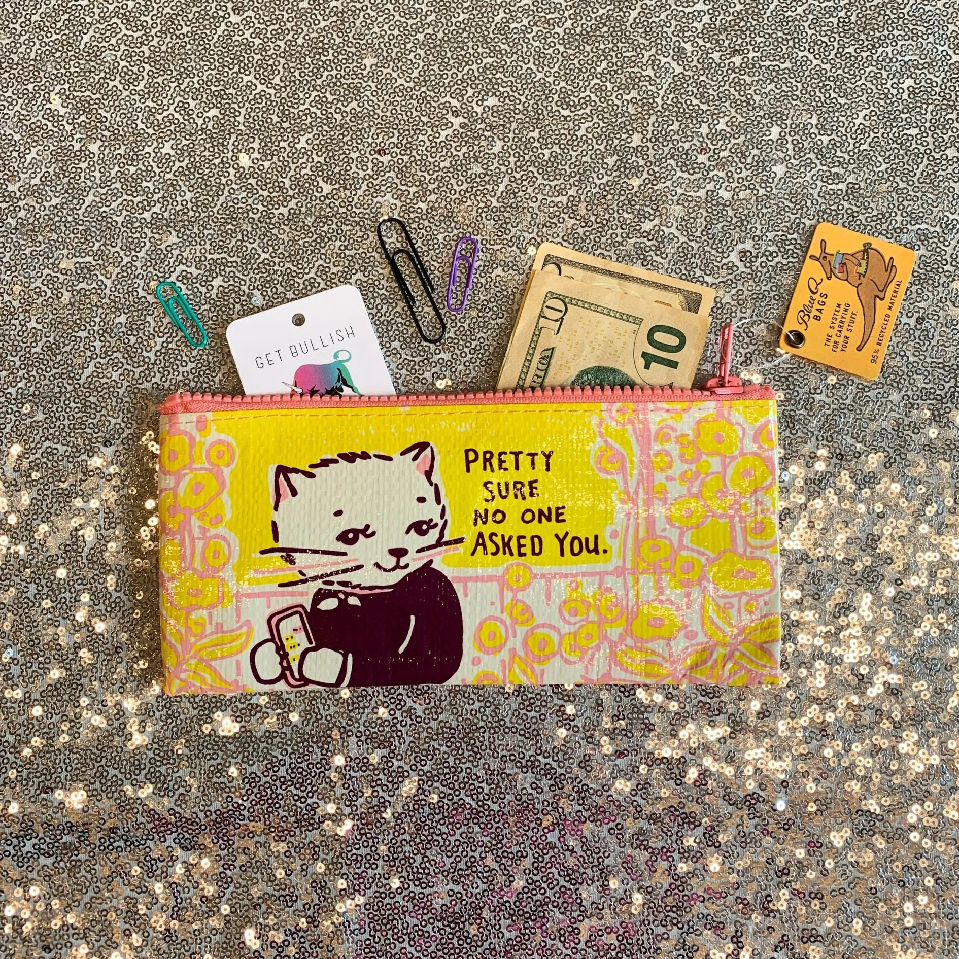 Pretty Sure No One Asked You Pencil Case in Yellow and Pink | 4.25" x 8.5" | BlueQ at GetBullish