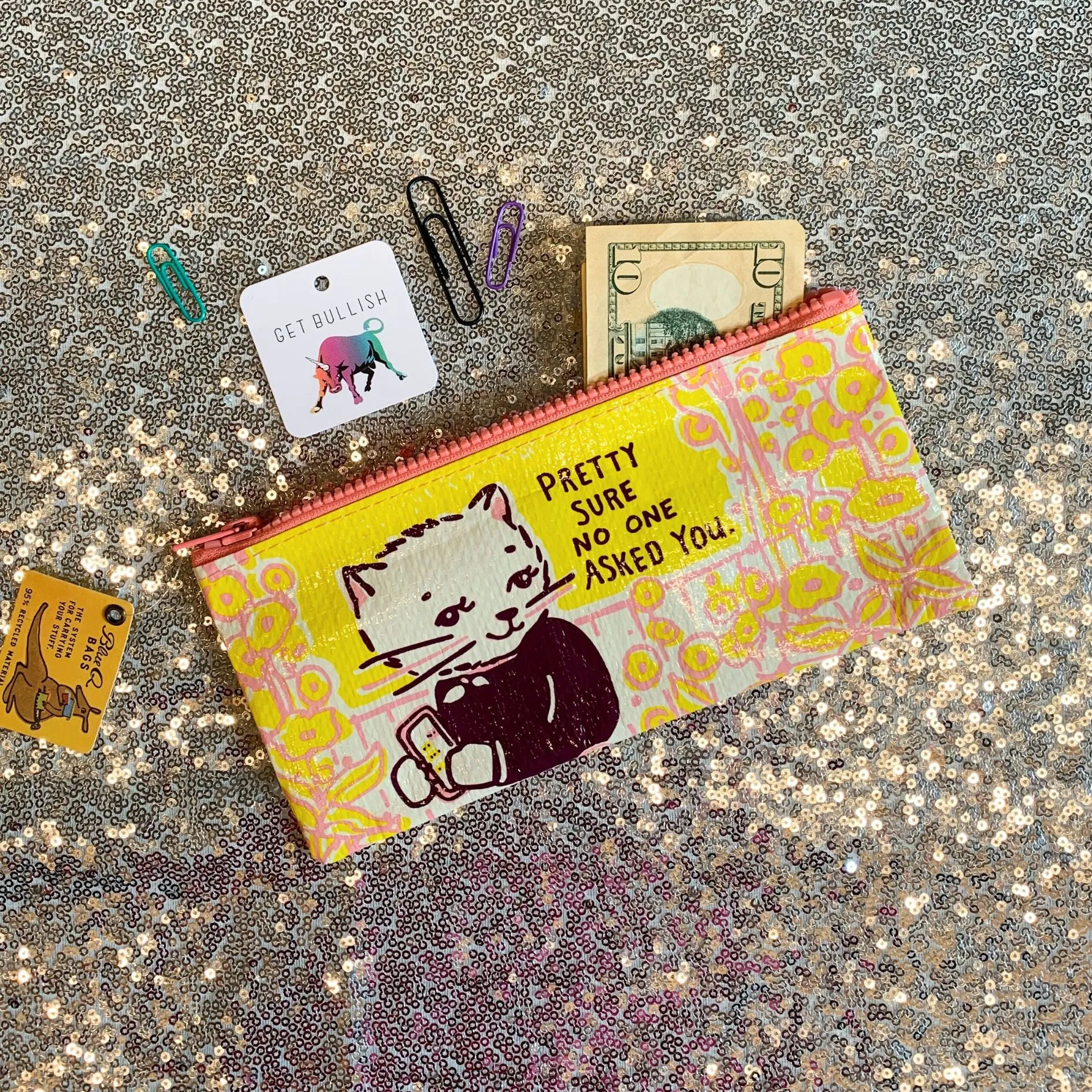 Pretty Sure No One Asked You Pencil Case in Yellow and Pink | 4.25" x 8.5" | BlueQ at GetBullish