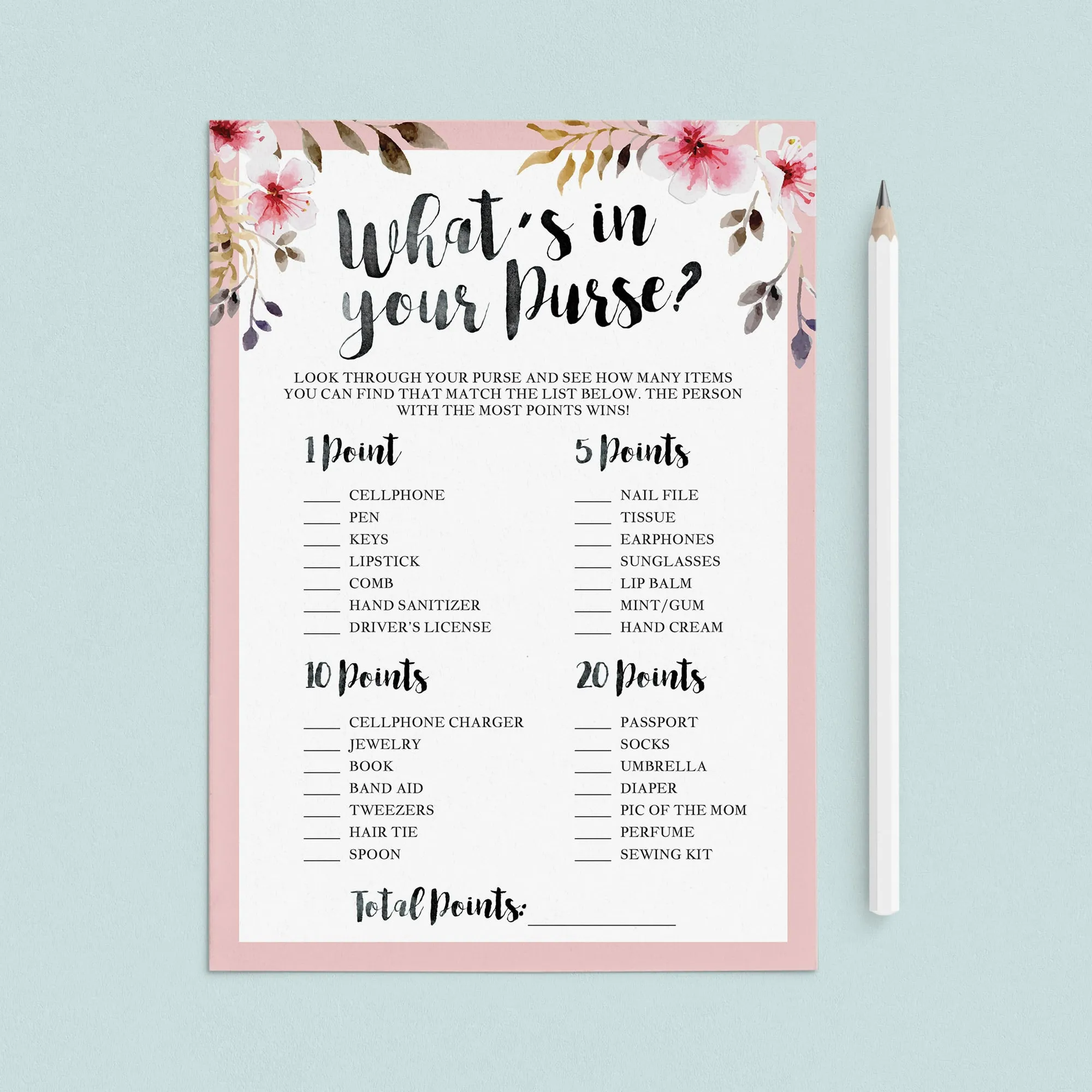 Printable Baby Purse Game for Floral Baby Shower