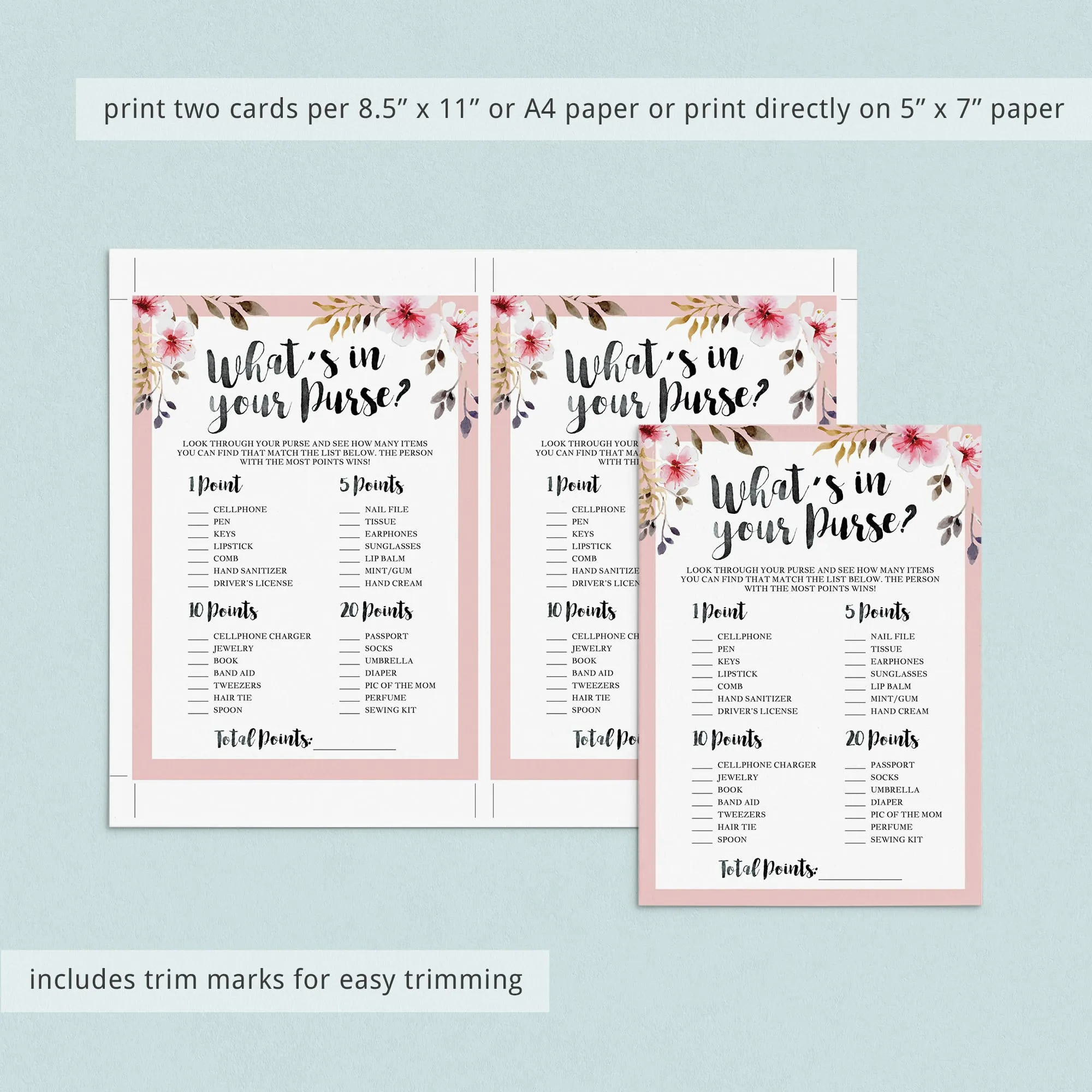 Printable Baby Purse Game for Floral Baby Shower