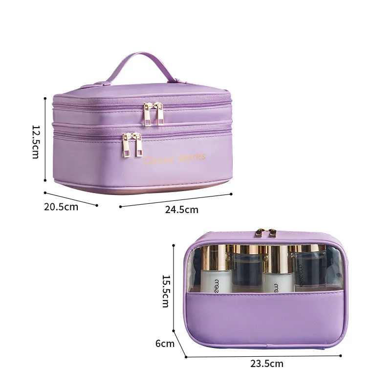 PU Double Layer Cosmetic Bag Light Luxury Fashion Skin Care Product Storage Bag Travel Large Capacity Toiletries Bag