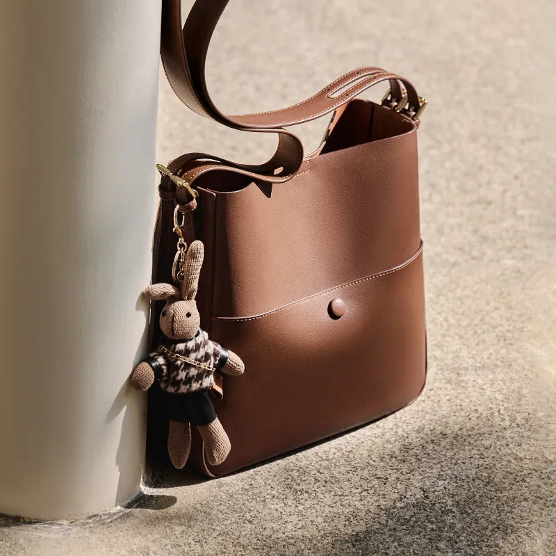 Rabbit Charm Cappuccino Crossbody Bucket Bag