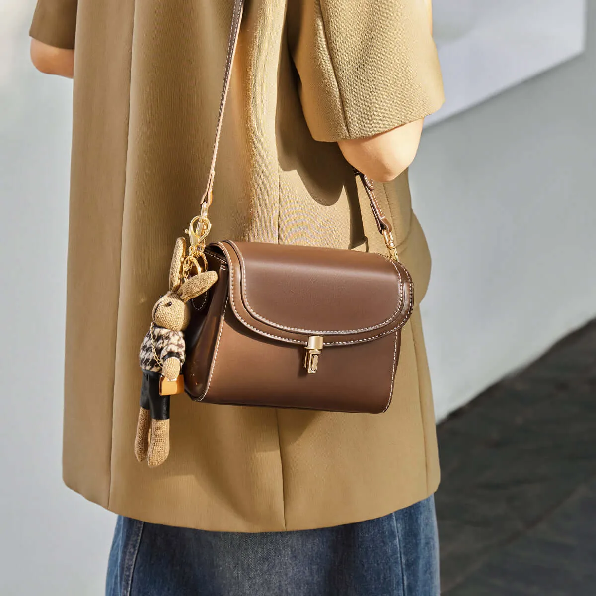 Rabbit Charm Contrast Leather Shoulder Bag