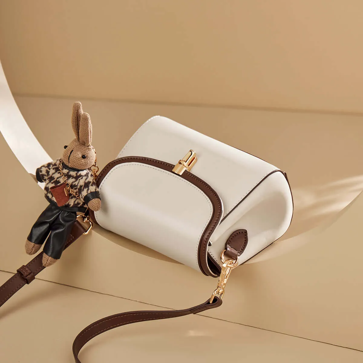 Rabbit Charm Contrast Leather Shoulder Bag