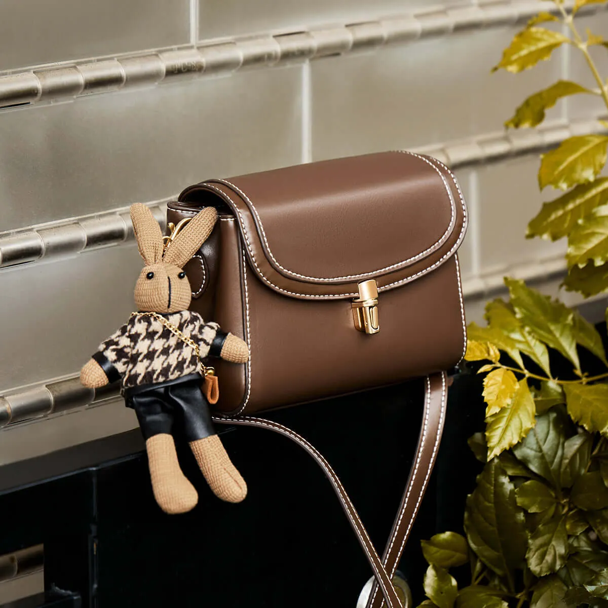 Rabbit Charm Contrast Leather Shoulder Bag