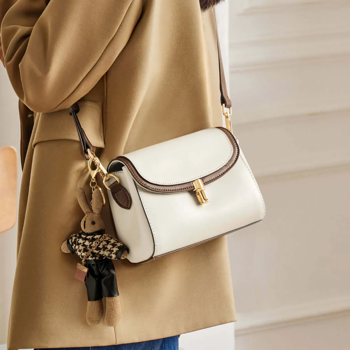 Rabbit Charm Contrast Leather Shoulder Bag