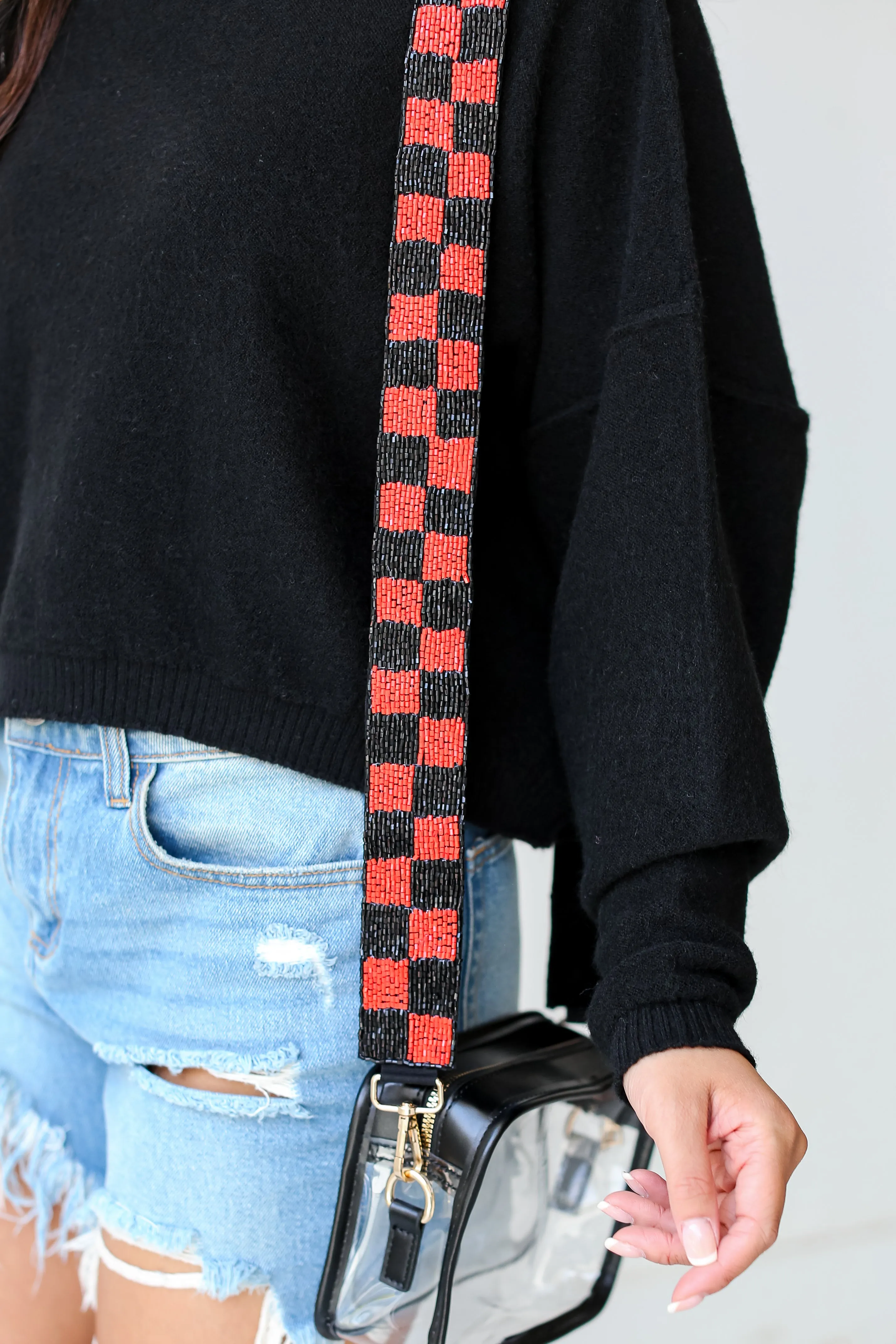 Red   Black Checkered Beaded Purse Strap