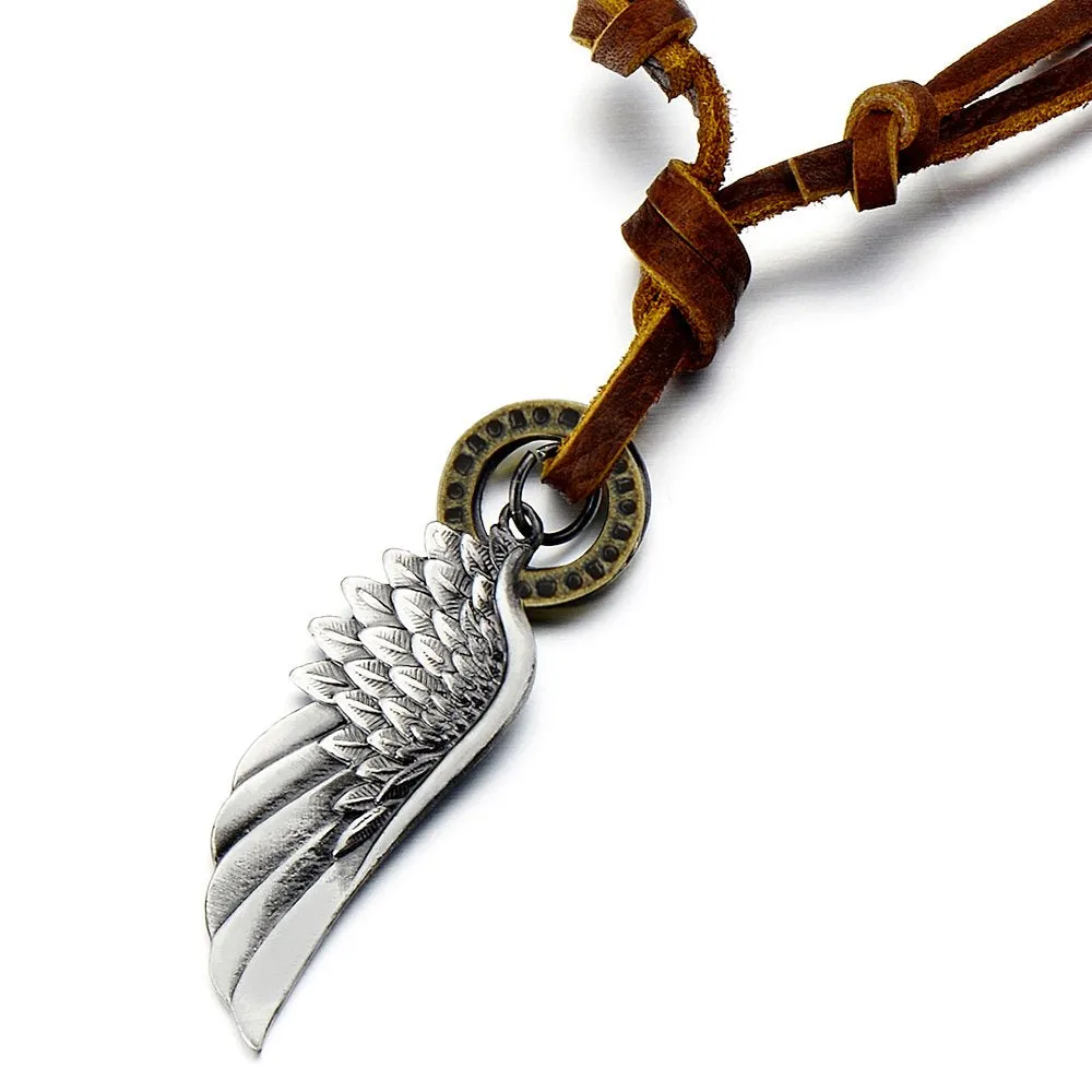 Retro Style Angel Wing Pendant Unisex Necklace for Men for Women with Adjustable Leather Cord