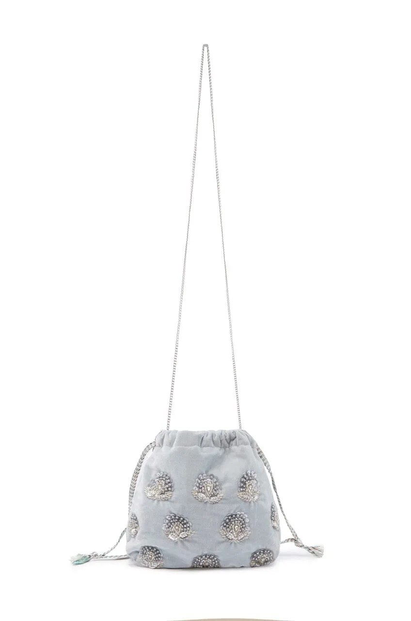 Rhiannon Velvet Drawstring Bag Grey