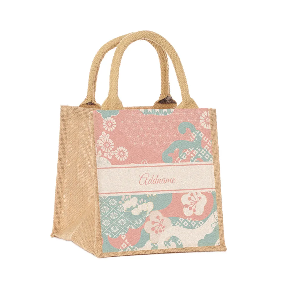 Rosy Cherry Blossom Oriental Series Jute Tote Bag [FREE Custom Add Name]