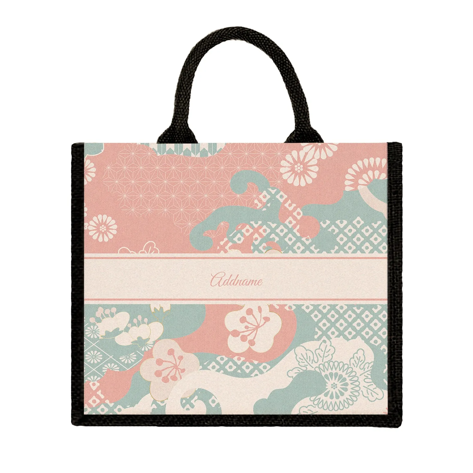 Rosy Cherry Blossom Oriental Series Jute Tote Bag [FREE Custom Add Name]