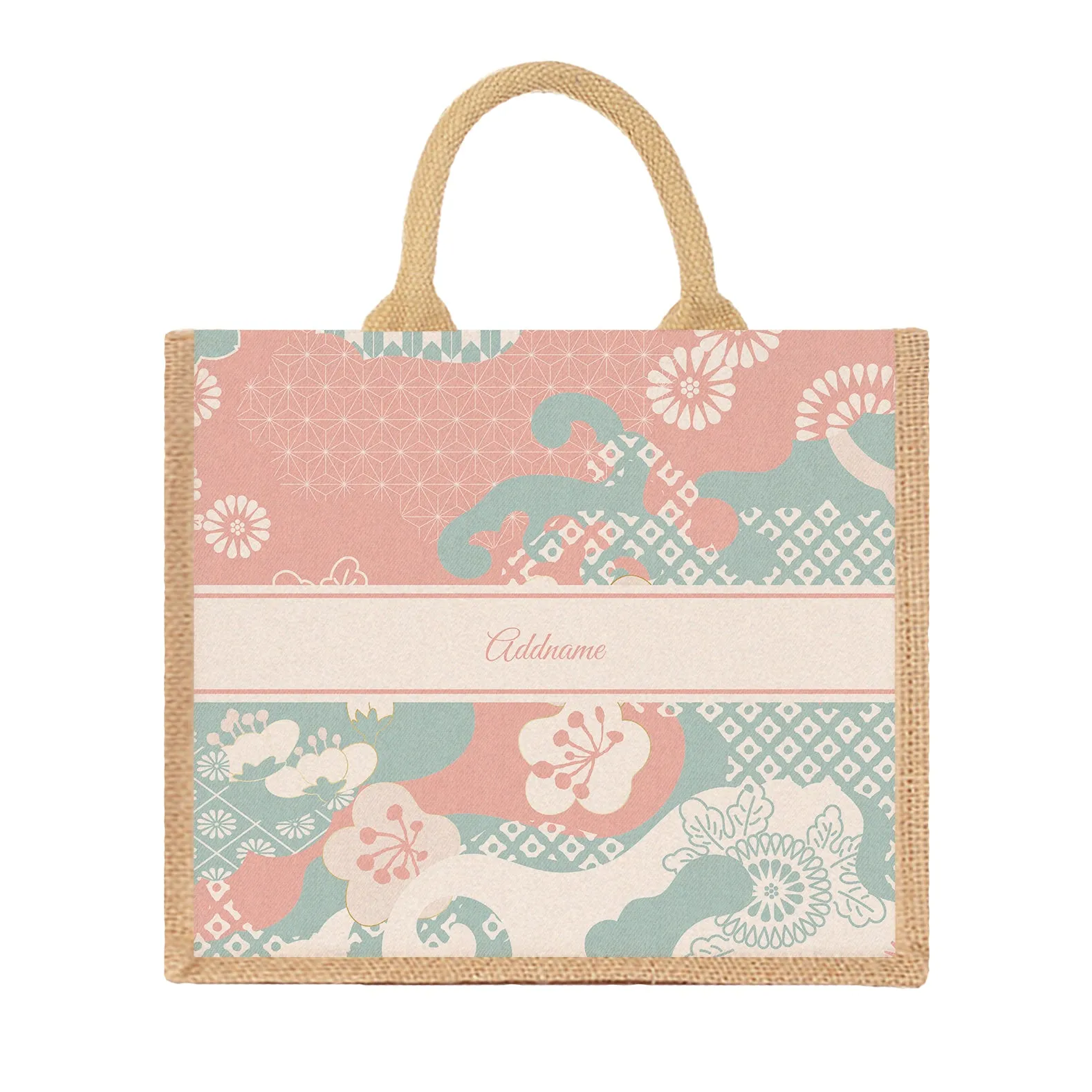 Rosy Cherry Blossom Oriental Series Jute Tote Bag [FREE Custom Add Name]