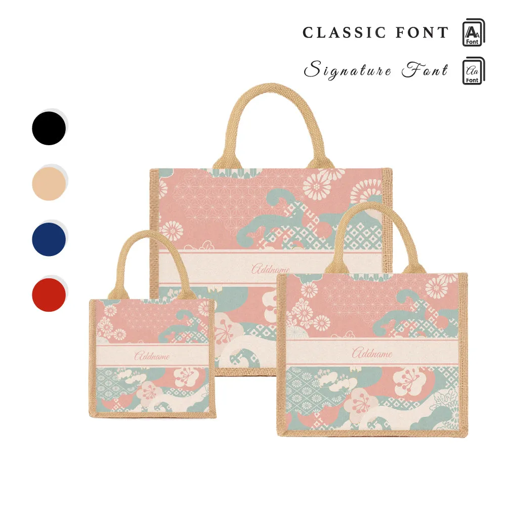 Rosy Cherry Blossom Oriental Series Jute Tote Bag [FREE Custom Add Name]