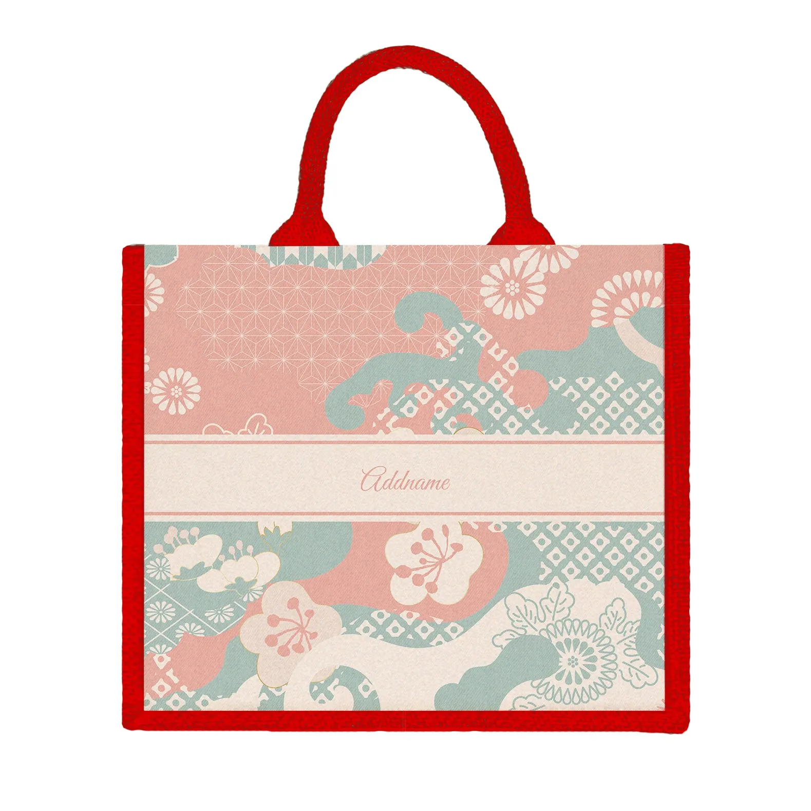 Rosy Cherry Blossom Oriental Series Jute Tote Bag [FREE Custom Add Name]