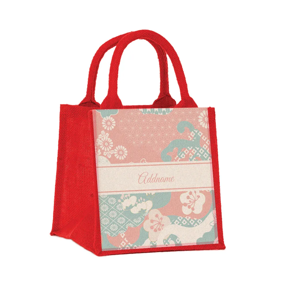 Rosy Cherry Blossom Oriental Series Jute Tote Bag [FREE Custom Add Name]