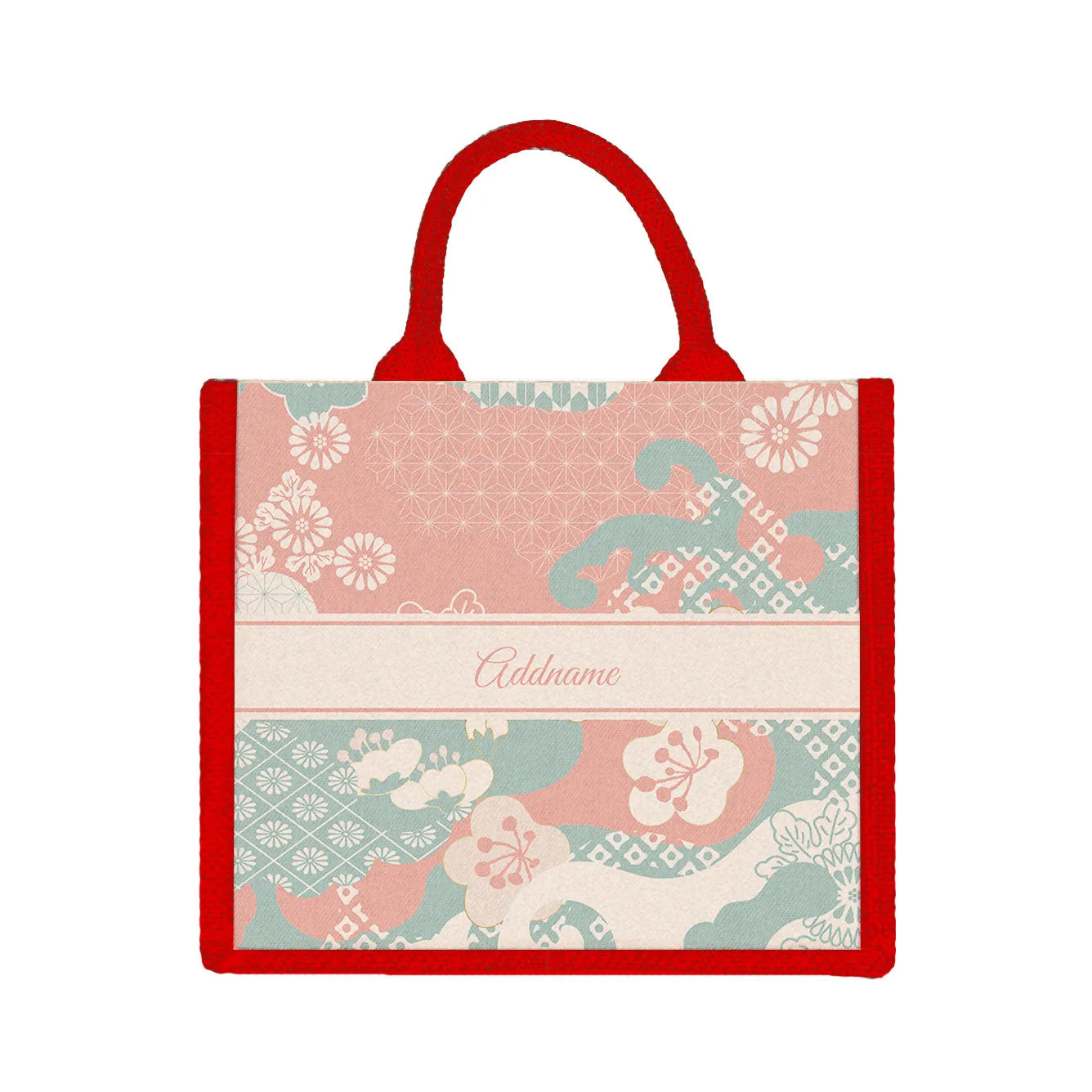 Rosy Cherry Blossom Oriental Series Jute Tote Bag [FREE Custom Add Name]