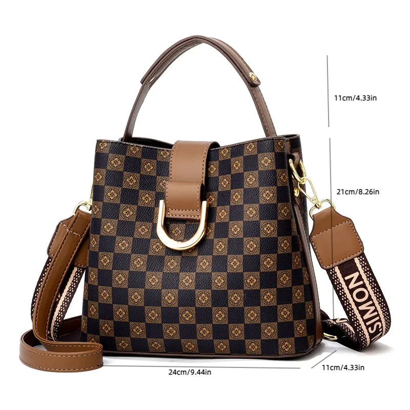 Sohiwoo Checkered Pattern Handbag Bucket Bag Vintage Style Shoulder Bag Trendy Crossbody Bag