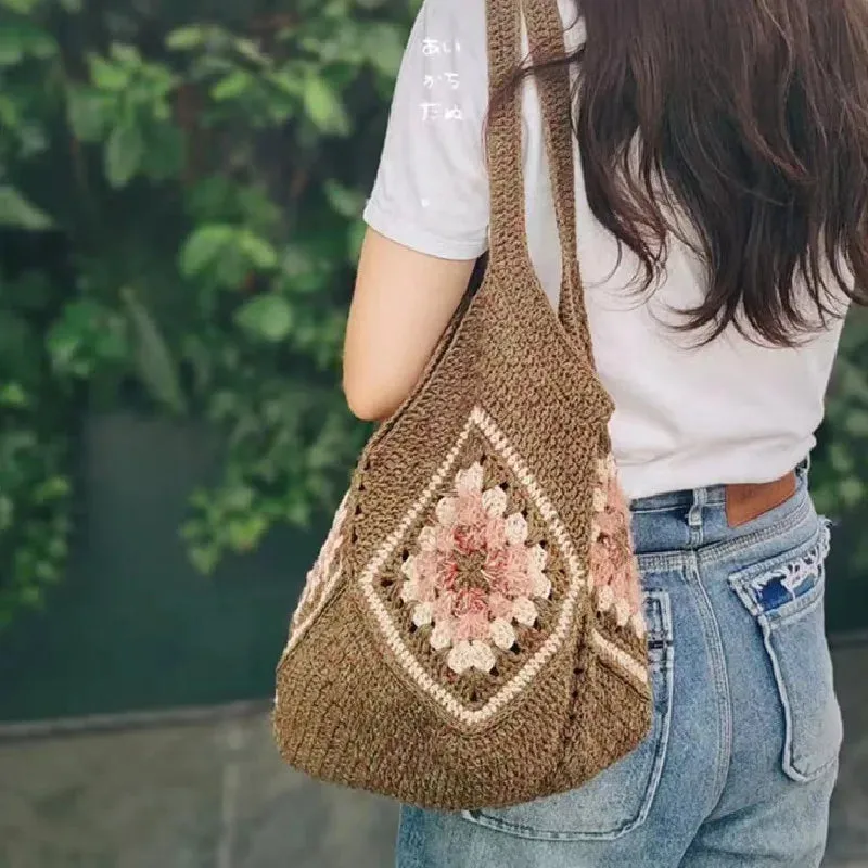 Sohiwoo Handmade woven grandmother grid women's shoulder bag, casual shopping bag, handbag, simple, fashionable, beautiful, and generous