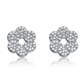 Sterling Silver Cubic Zirconia Round Flower Shape Earrings