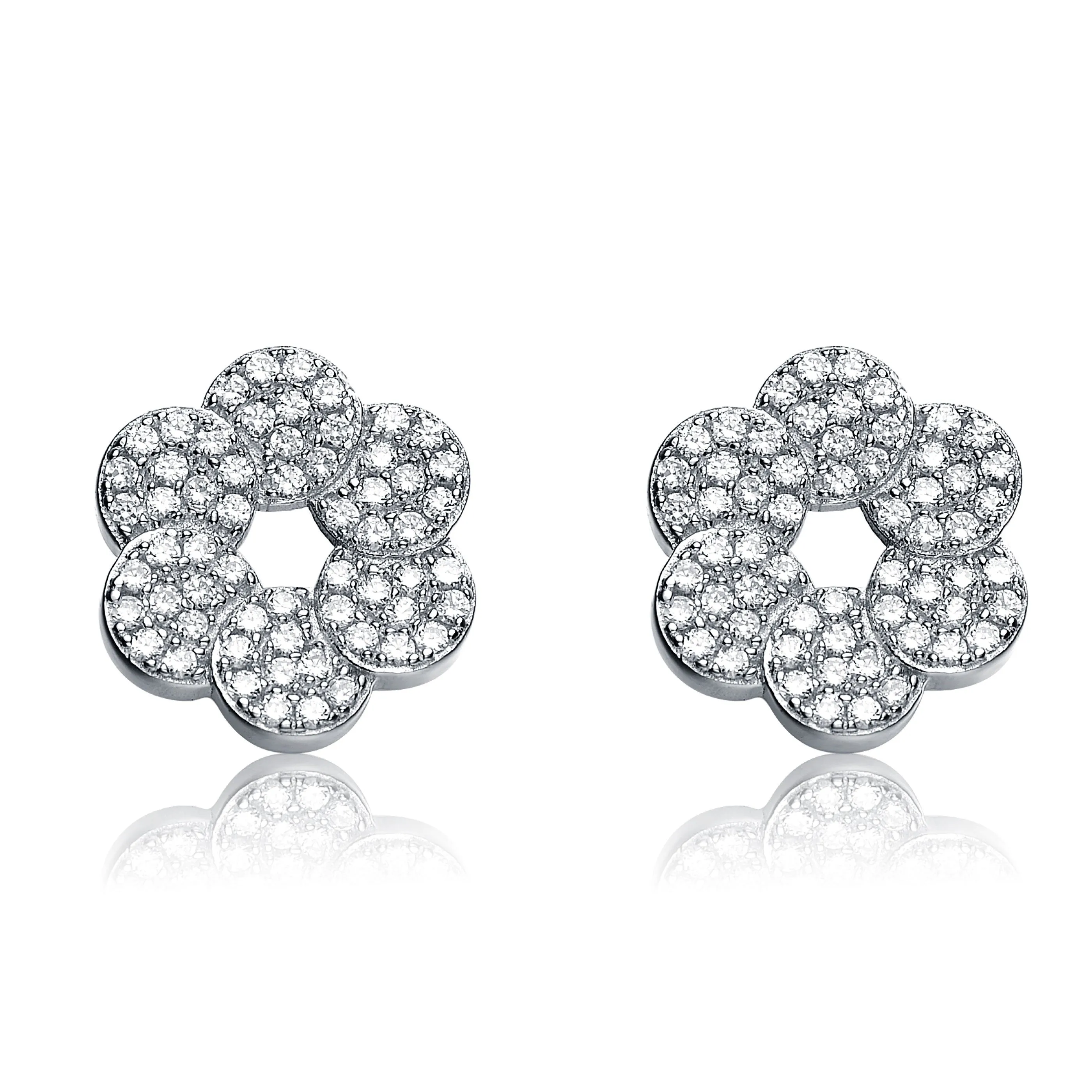 Sterling Silver Cubic Zirconia Round Flower Shape Earrings