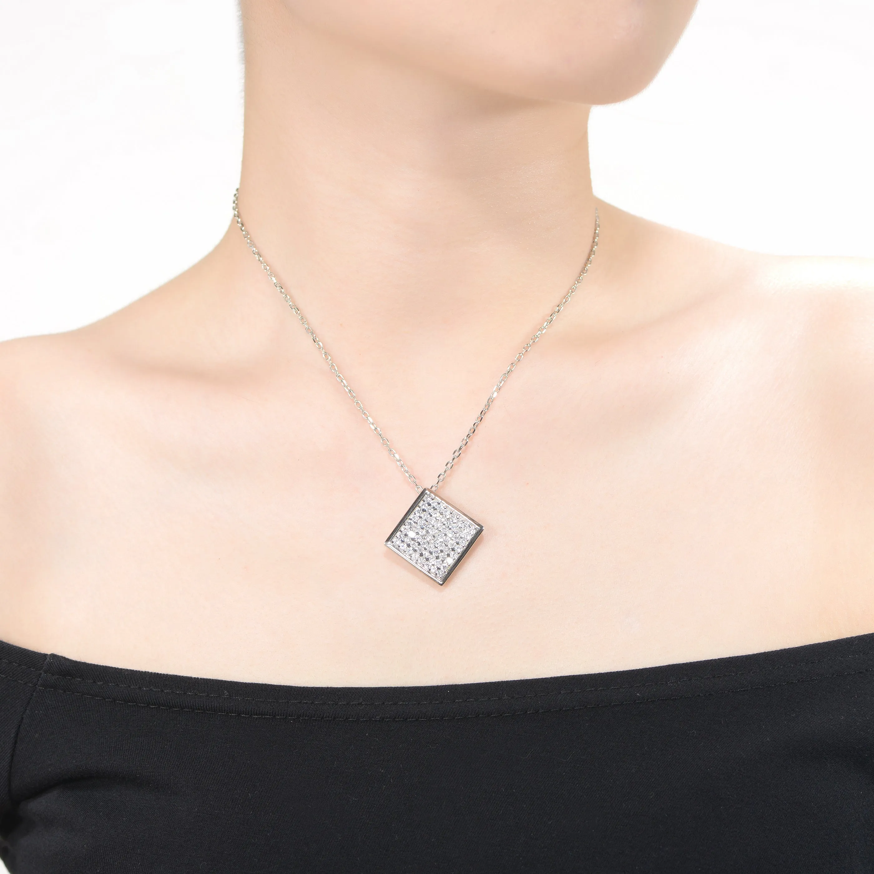 Sterling Silver Cubic Zirconia Square Last Pair Pendant Necklace