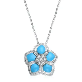 Sterling Silver White Cubic Zirconia Light Blue Flower Pendant