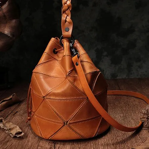 Stitching Leather Drawstring Bucket Bags