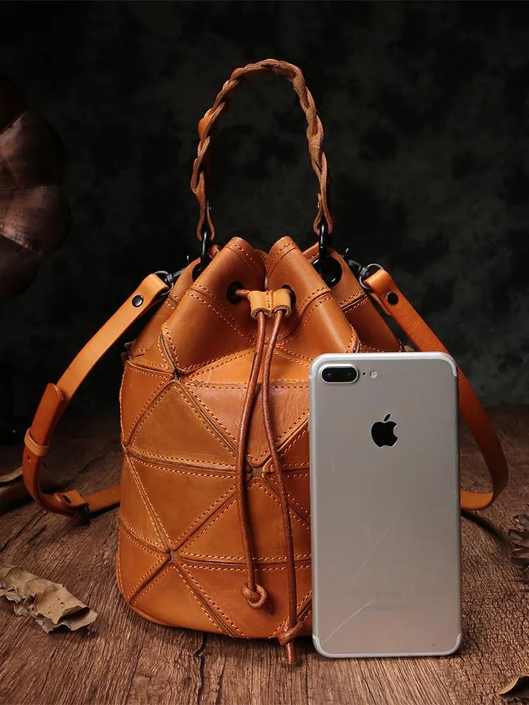 Stitching Leather Drawstring Bucket Bags