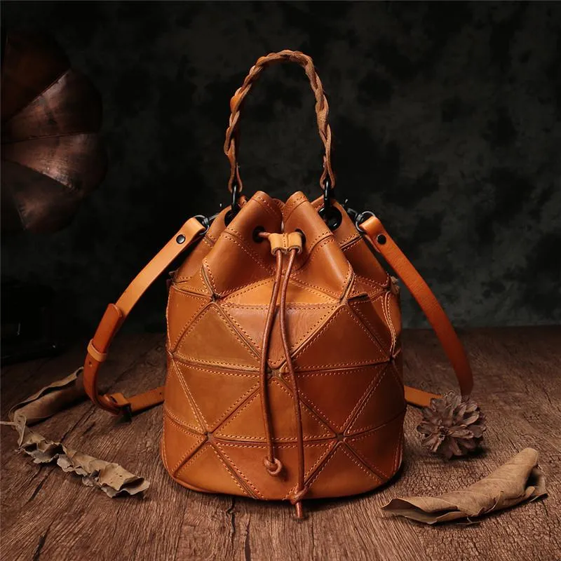 Stitching Leather Drawstring Bucket Bags