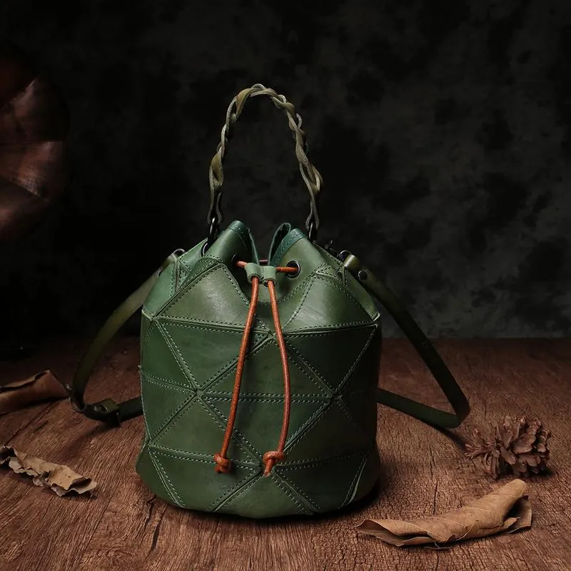 Stitching Leather Drawstring Bucket Bags