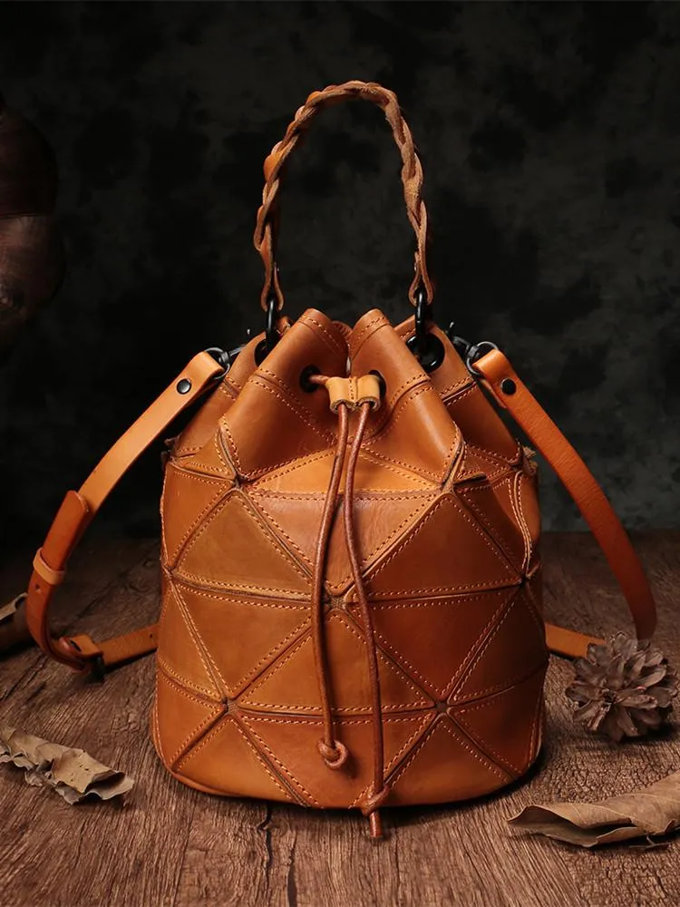 Stitching Leather Drawstring Bucket Bags