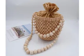 straw bucket bag with wooden bead handle