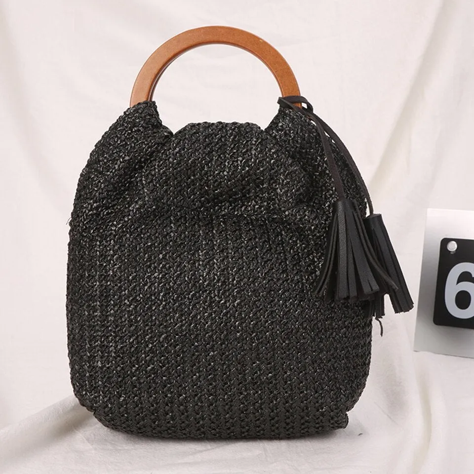 Summer Straw Handbag Wooden Handle Large Capacity Paper Rope Woven Straw Bag 2023 New Fashion Summer Vacation Travel Beach Bag