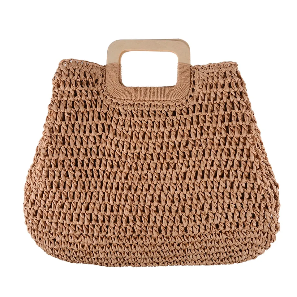 Summer Straw Handbag Wooden Handle Large Capacity Paper Rope Woven Straw Bag 2023 New Fashion Summer Vacation Travel Beach Bag