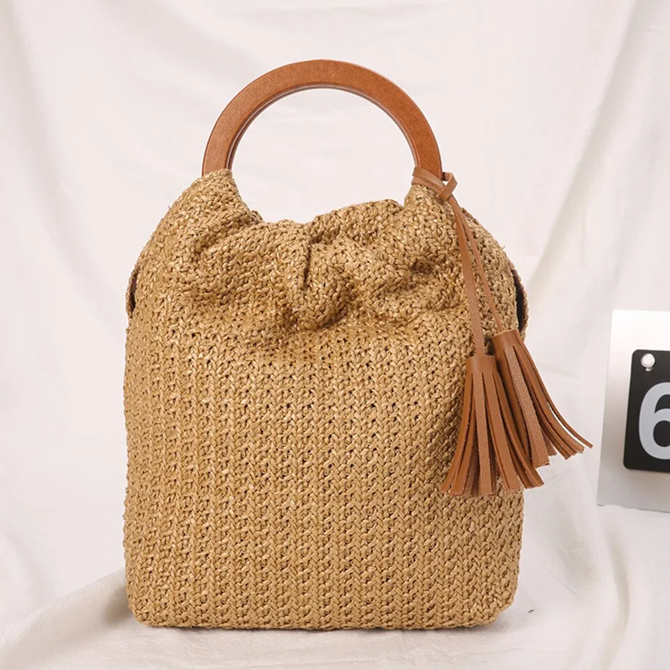 Summer Straw Handbag Wooden Handle Large Capacity Paper Rope Woven Straw Bag 2023 New Fashion Summer Vacation Travel Beach Bag