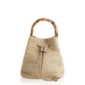 Summer Vintage Woven Drawstring Bucket Bag Khaki