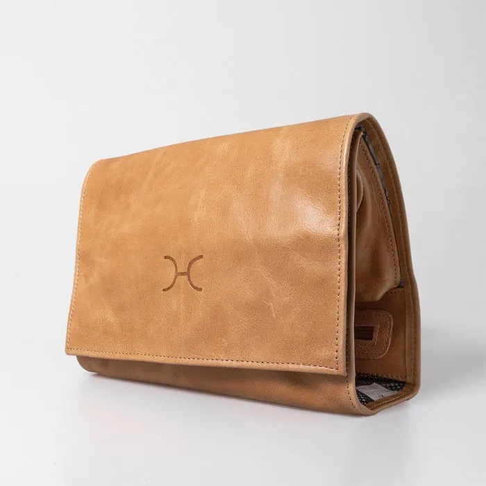 Thandana Roll Up Leather Toiletry Bag With Hook | Hazelnut