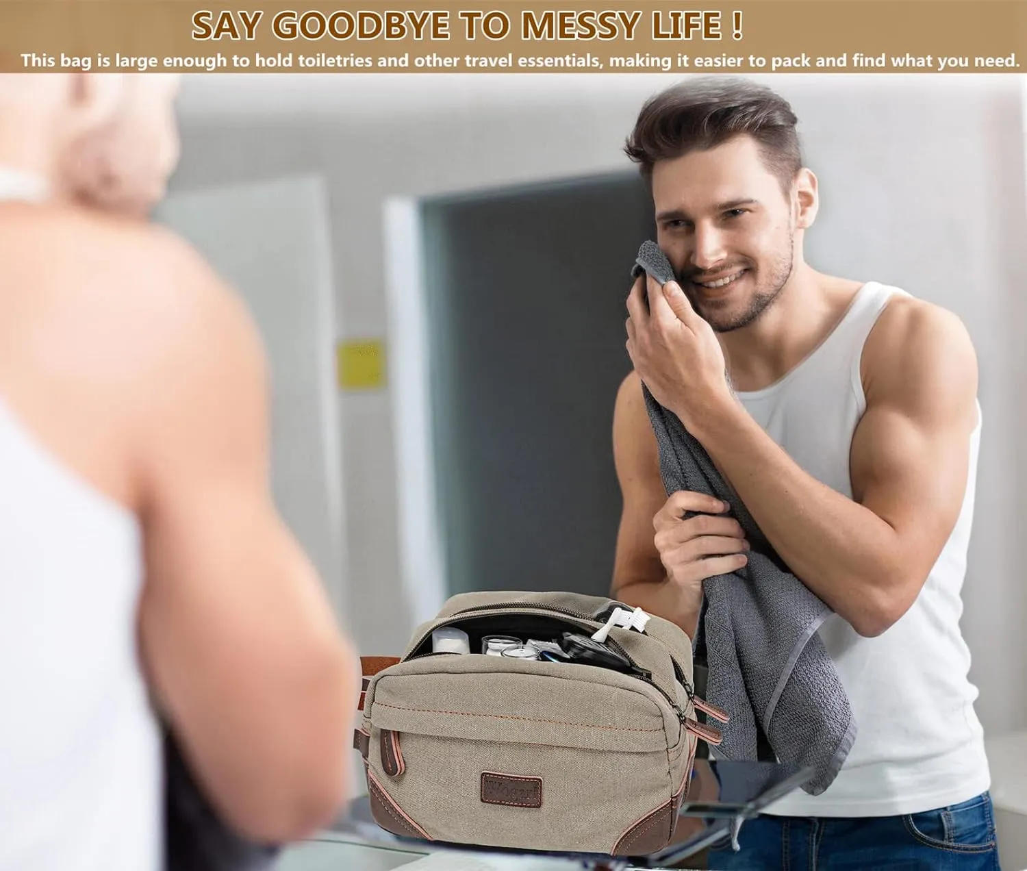 Toiletry Bag for Men, Leather and Canvas Travel Toiletry Bag Dopp Kit Shaving Bag for Travel Accessories (Light Grey)