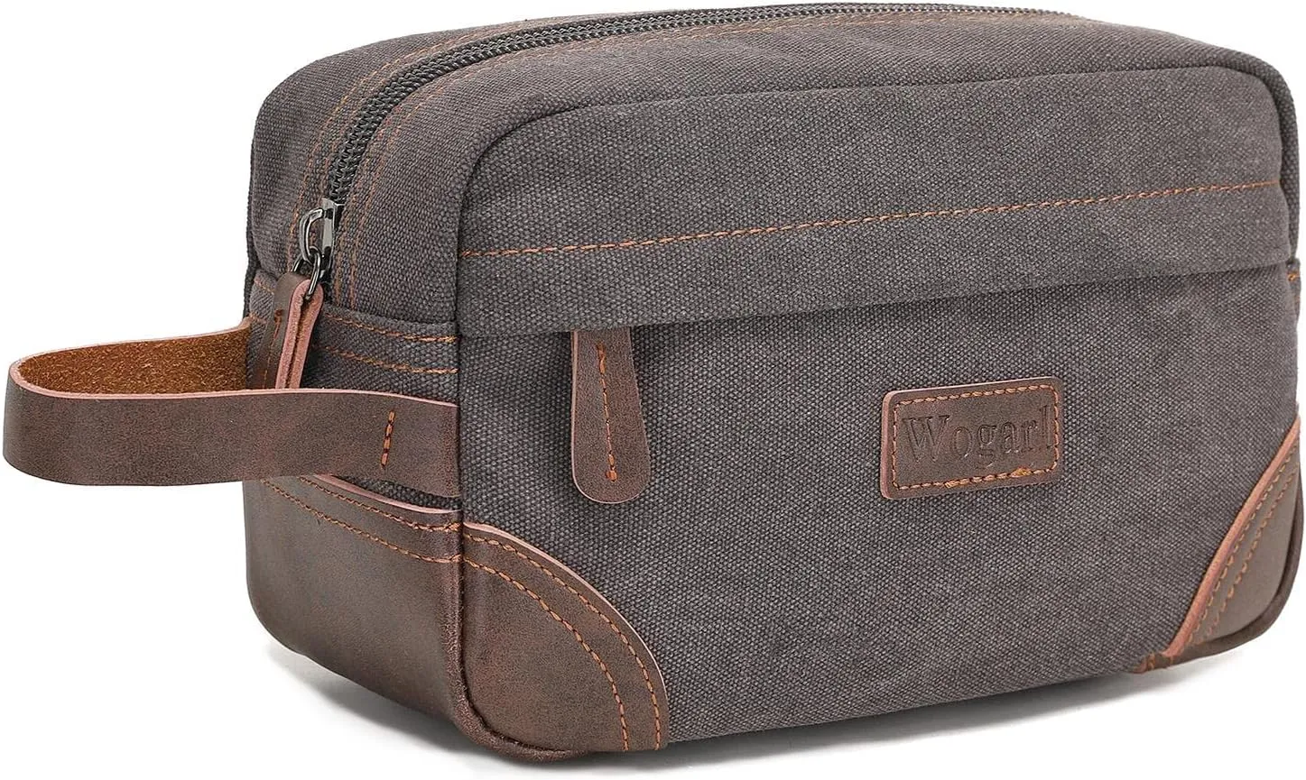 Toiletry Bag for Men, Leather and Canvas Travel Toiletry Bag Dopp Kit Shaving Bag for Travel Accessories (Light Grey)